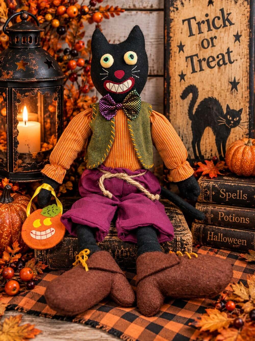 Anthropomorphic Black Cat Doll Halloween Shelf Sitter Folk Art Pumpkin Decor Vtg